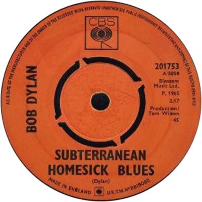 Label of the original 45 rpm single version of Bob Dylan's Subterranean Homesick Blues (1965)